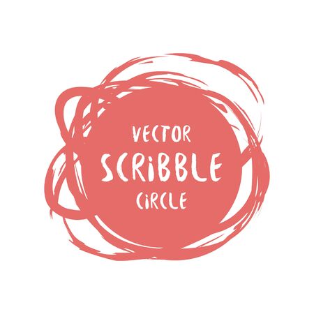 Hand drawn scribble colorful vector circle and label with text. Logo design and decoration elementのイラスト素材