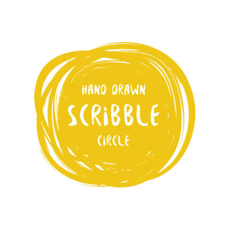 Hand drawn scribble colorful vector circle and label with text. Logo design and decoration elementのイラスト素材