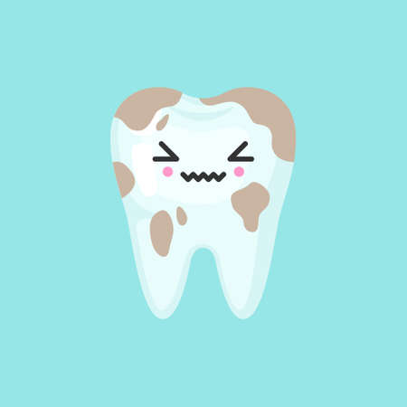 Dirty spoted tooth with emotional face, cute colorful vector icon illustration. Cartoon flat isolated imageのイラスト素材