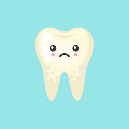 Dirty spoted tooth with emotional face, cute colorful vector icon illustration. Cartoon flat isolated imageのイラスト素材