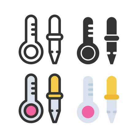 Thermometer, dropper, chemistry science laboratory colorful vector icon set with outlineのイラスト素材