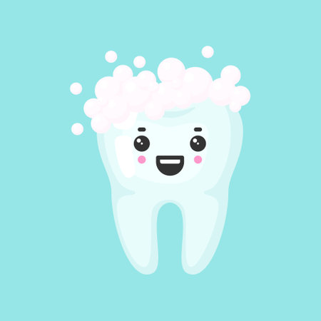 Clean tooth with a foam with emotional face, cute colorful vector icon illustrationのイラスト素材