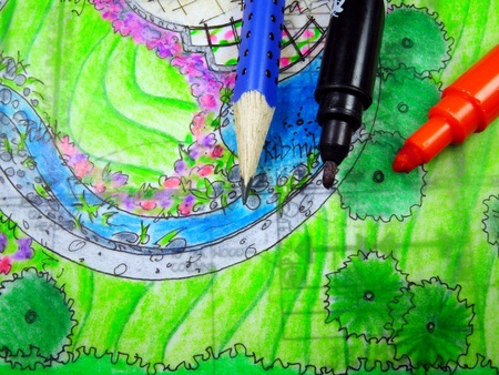 Pencil, markers and drawing of external architectureの写真素材