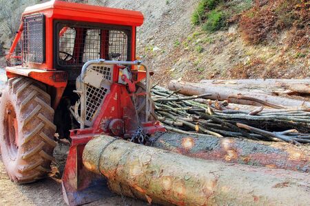 A tractor and timber in the woods の写真素材