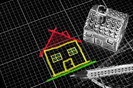 Sketch of small house, pen, ruler and clay house の写真素材