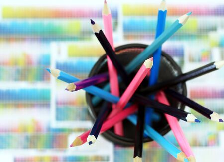 Multicolored crayons in the box の写真素材
