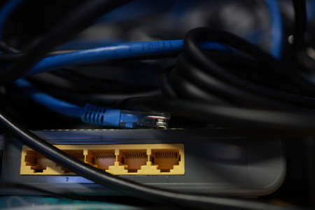 Close-up of network cable in the port of a computer.の写真素材