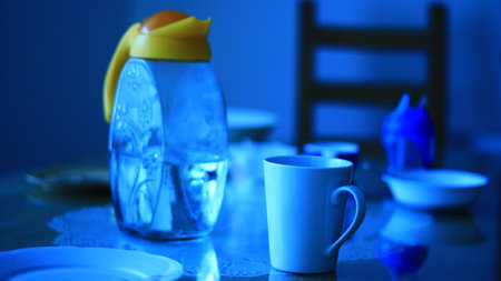 Bottle with water, glasses and cups for tea on the table.の写真素材