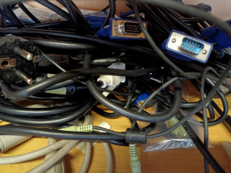 Close-up of network cables and connectors on the table in the room