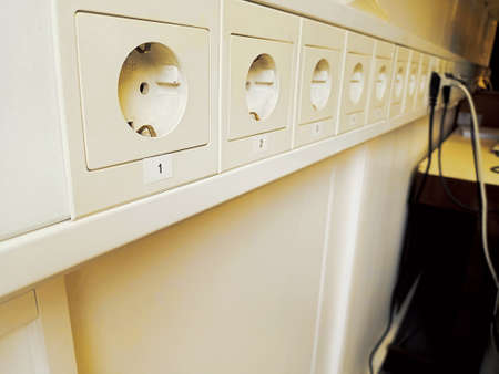 Electrical sockets on the wall in the laboratory, close-up