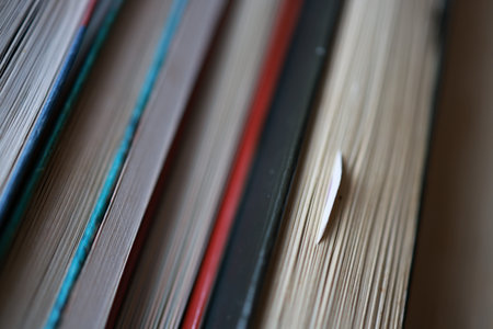 Close up of a pile of hardcover books. Selective focus.の写真素材