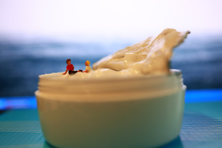 Miniature people sitting on a piece of cream with the sea in the background