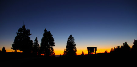 Silhouette of a forest at sunset with a watchtower in the foregroundの写真素材