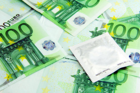 Euro banknotes close-up on a white background.の写真素材