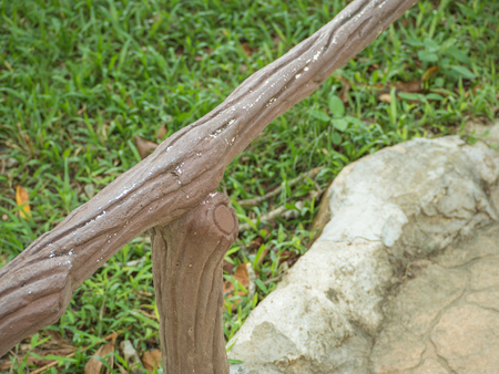 Wood fence between the stress and grass in the gardenの写真素材