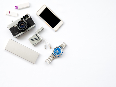 Flat Lay, Technology Photo, Smart Device Photo with props are smartphone, Watch, power bank,...