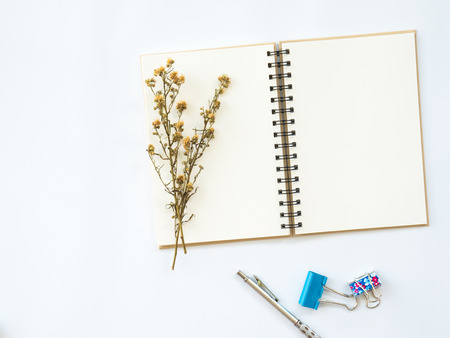 Flat Lay of dry leaf on workspaces with office tools and stationary on white background.の写真素材