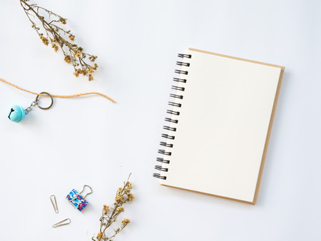 Flat Lay of dry leaf on workspaces with office tools and stationary on white background.の写真素材