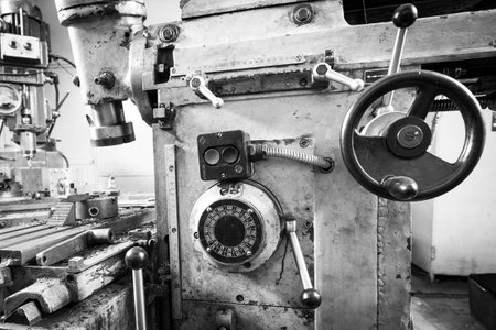 Black and white photo of a drilling machine tool machineの写真素材