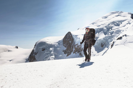 Climber descends after climbing Mont Blancの写真素材