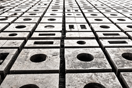 Blackandwhite image of mounting plates on the shop floorの写真素材