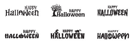 Halloween typography set with 'Happy Halloween' texts in black isolated on transparent background. Spooky, Creepy, horror-themed text designs vector format.のイラスト素材