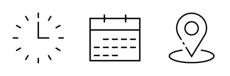 Minimal Time, Date, and Address Symbols. Includes a Clock, Location Pin, and Calendar Icons. Customizable Flat Line Web Icons. Vector Design.のイラスト素材