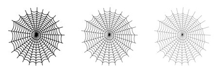 Black spider web icon set isolated on a white background. Outline Cobweb in black. Suitable for gothic, creepy, Halloween holiday. Vector Illustration.のイラスト素材