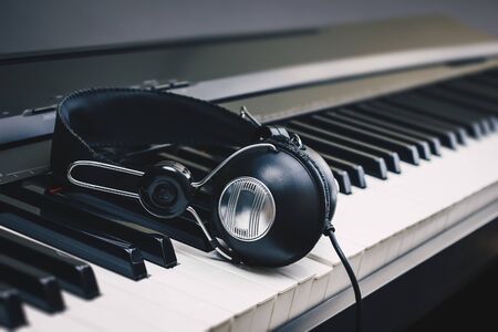 headphone on piano keysの写真素材