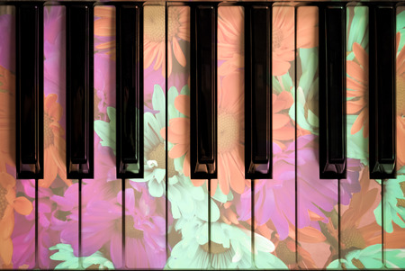 beautiful flowers on piano keys for natural sound concept backgroundの写真素材