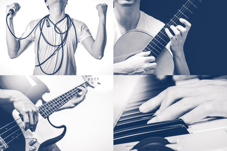 four part of music lesson / singing, guitar, bass and pianoの写真素材