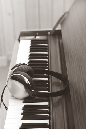 headphone on acoustic piano. music backgroundの写真素材