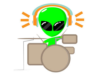 cute alien boy playing acoustic drums while listening music. vector illustration flat design. music concept. drummer isolated on white backgroundのイラスト素材