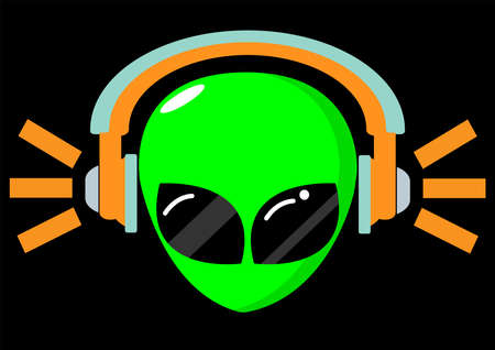male handsome green alien music lover listening music from headphone. vector illustration flat designのイラスト素材