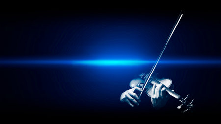 male musician hands playing violin with blue flare on black. music backgroundの写真素材