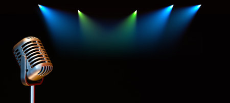 retro microphone with colorful spotlight on black background. singing conceptの写真素材