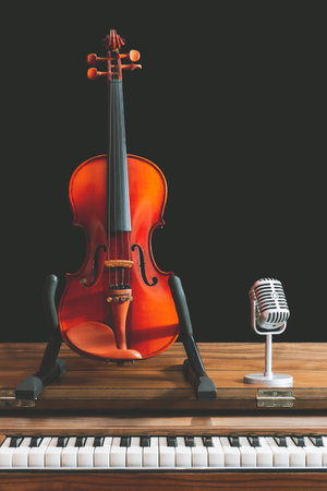 classical violin and retro condenser microphone on old piano. music background