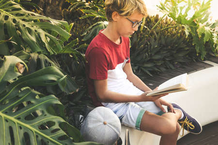 Young boy reading sitting outside in a beautiful tropical garden. Happy student doing homework at...