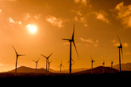 Landscape with wind turbines that produce electricity by rotating in the wind. Wind farm eco field. Eolic park with sky and clouds in the background. Green, ecological and power energy generation concept.の写真素材
