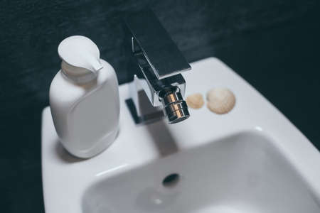 Closeup view of a bidet with towel, soap dispenser and shells. Modern environment bathroom fixtures with steel faucet. Cleanliness, health, recycling, pollution, cleaning, ethics and hygiene conceptの写真素材