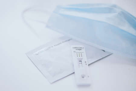 Closeup view of SARS-CoV-2 rapid antigen test nasal. Self test verifies positivity covid-19 Self-made coronavirus negativity check Health, healthcare, protection, contagion, disease, isolation conceptの写真素材