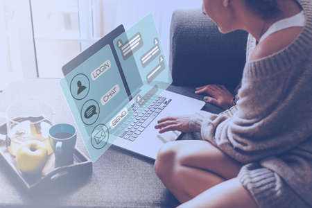 Social media chat concept. Communication with laptop computer. Virtual meet, online internet contact