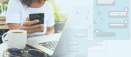Social media chat concept. Communication with laptop computer. Virtual meet, online internet contact