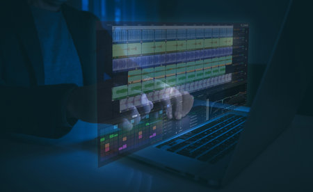 Male edits and cuts footage and sounds on laptop. Music producer work on home studio. Sound makerの写真素材