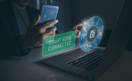 Smart home application on computer. Domotic, technology automation, remote control system concept.の写真素材