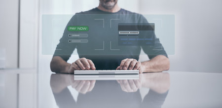 Man authorize secure payment online. Credit card on virtual screen. New banking, remote pay concept