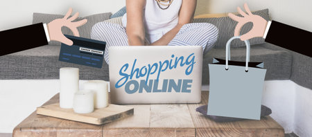 Woman behind computer do online shopping. Purchase pay and delivery at home. E-commerce, tech concept.の写真素材