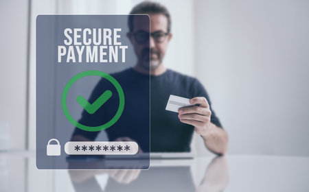 Man behind computer keyboard, purchase and pay online. Credit card in hand. Secure payment completedの写真素材