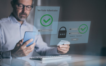 Two factor authentication. Ensure protection, identification concept. Security of online accounts.の写真素材
