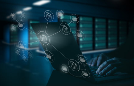 Businessman working on virtual screen with digital documents. Manage online documentation database.